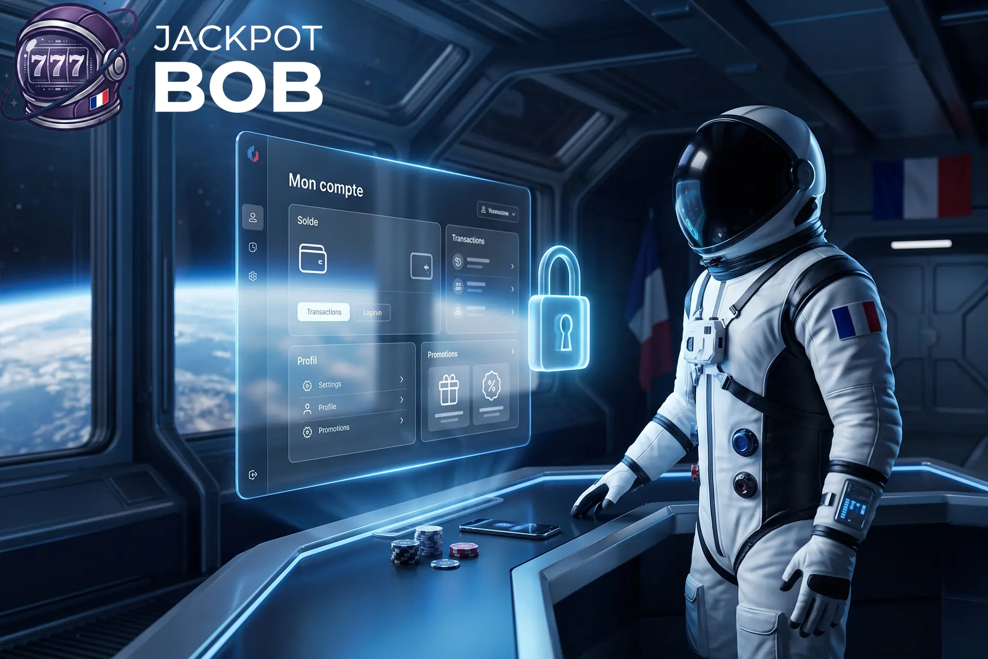 Un astronaute gérant son solde et ses transactions sur l'interface numérique de son compte joueur Jackpot Bob, protégée par un cadenas lumineux